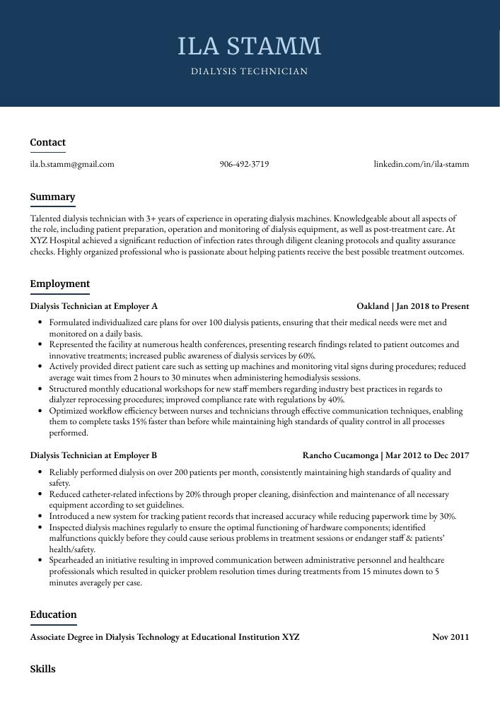 Dialysis Technician Resume