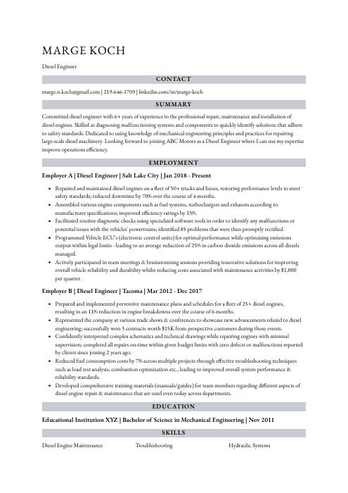 Diesel Engineer Resume (CV) Example and Writing Guide