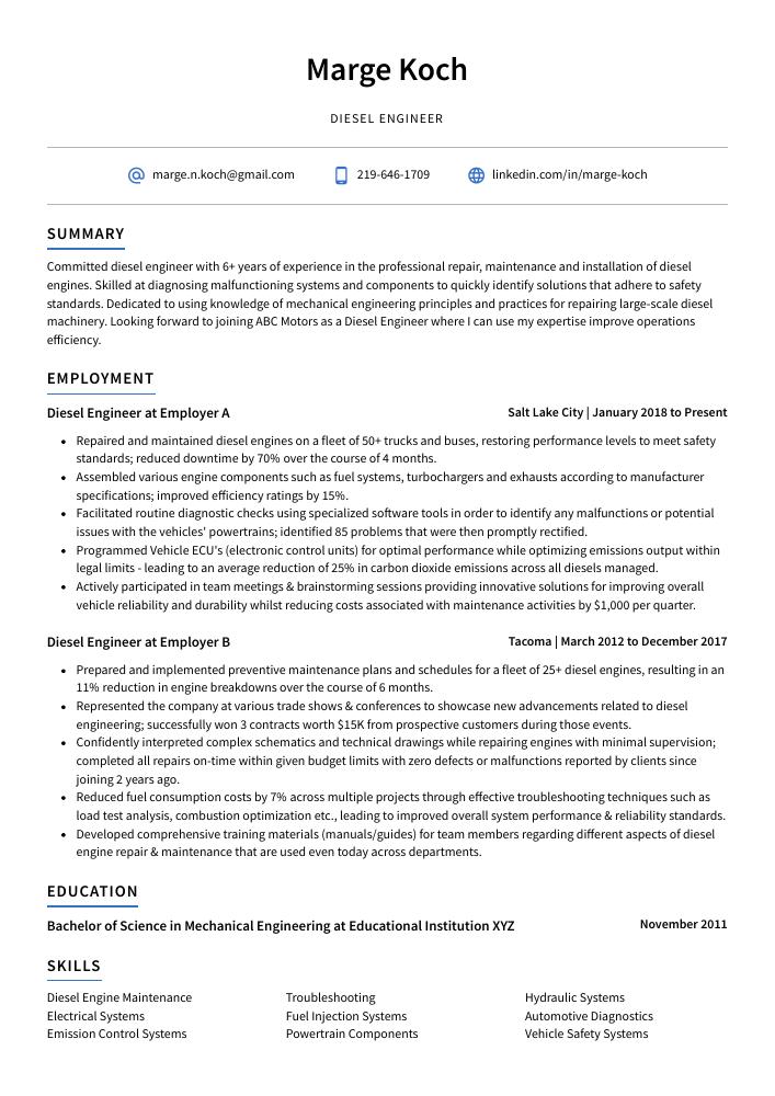 Diesel Engineer Resume