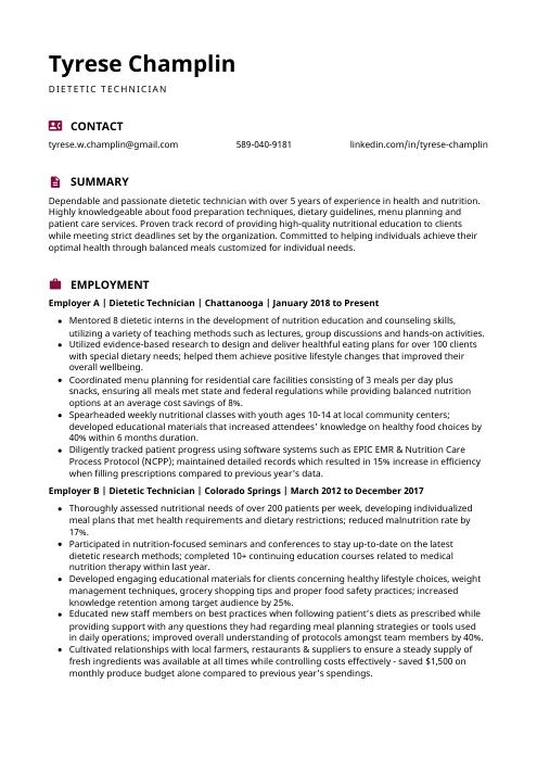 Dietetic Technician Resume (CV) Example and Writing Guide