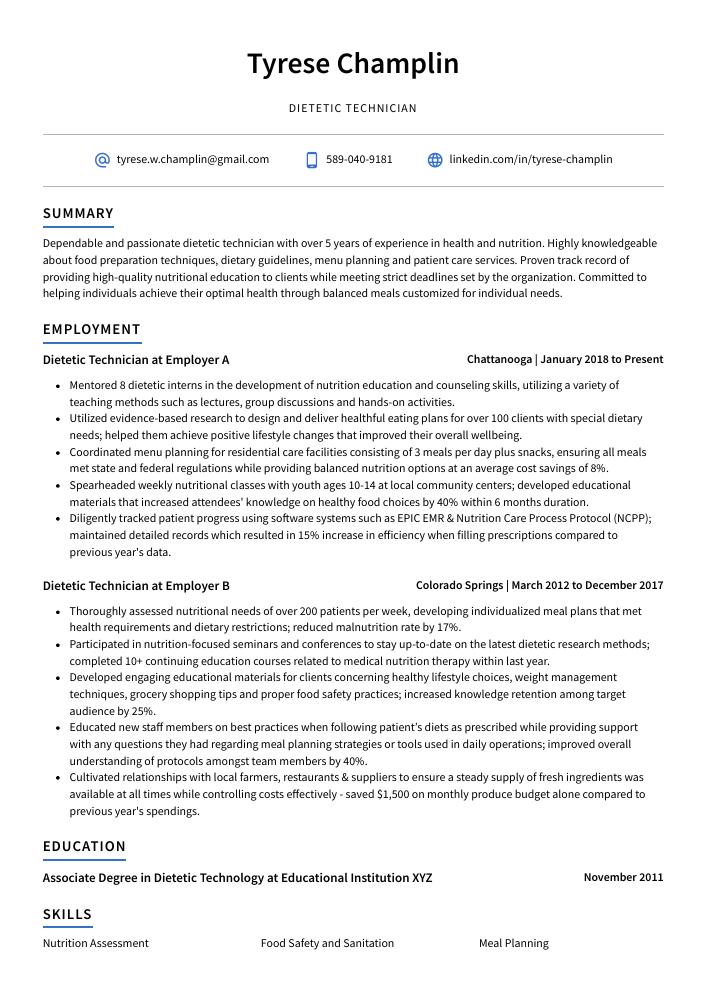 Dietetic Technician Resume