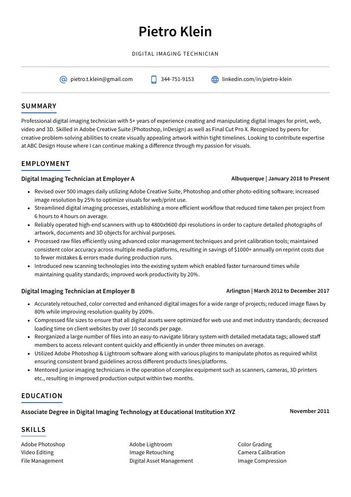 Digital Imaging Technician Resume