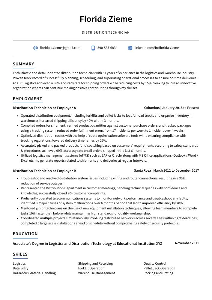 Distribution Technician Resume