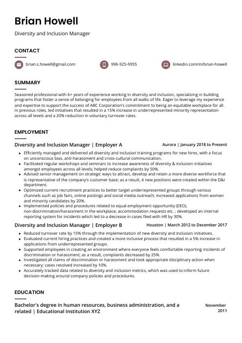 Diversity and Inclusion Manager Resume (CV) Example and Writing Guide