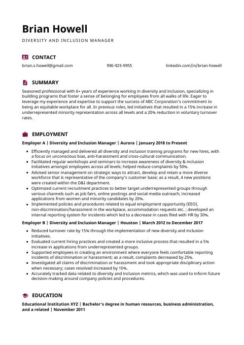 Diversity And Inclusion Manager Resume Cv Example And Writing Guide 