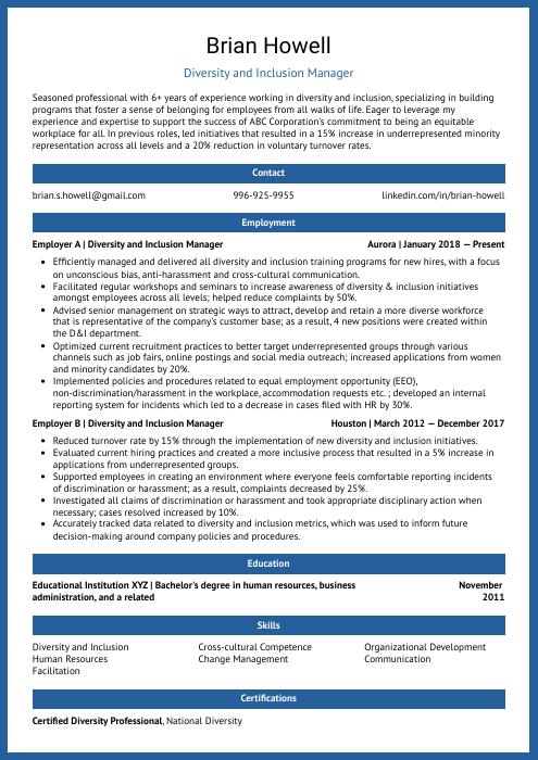 Diversity and Inclusion Manager Resume (CV) Example and Writing Guide