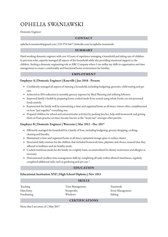 Domestic Engineer Resume