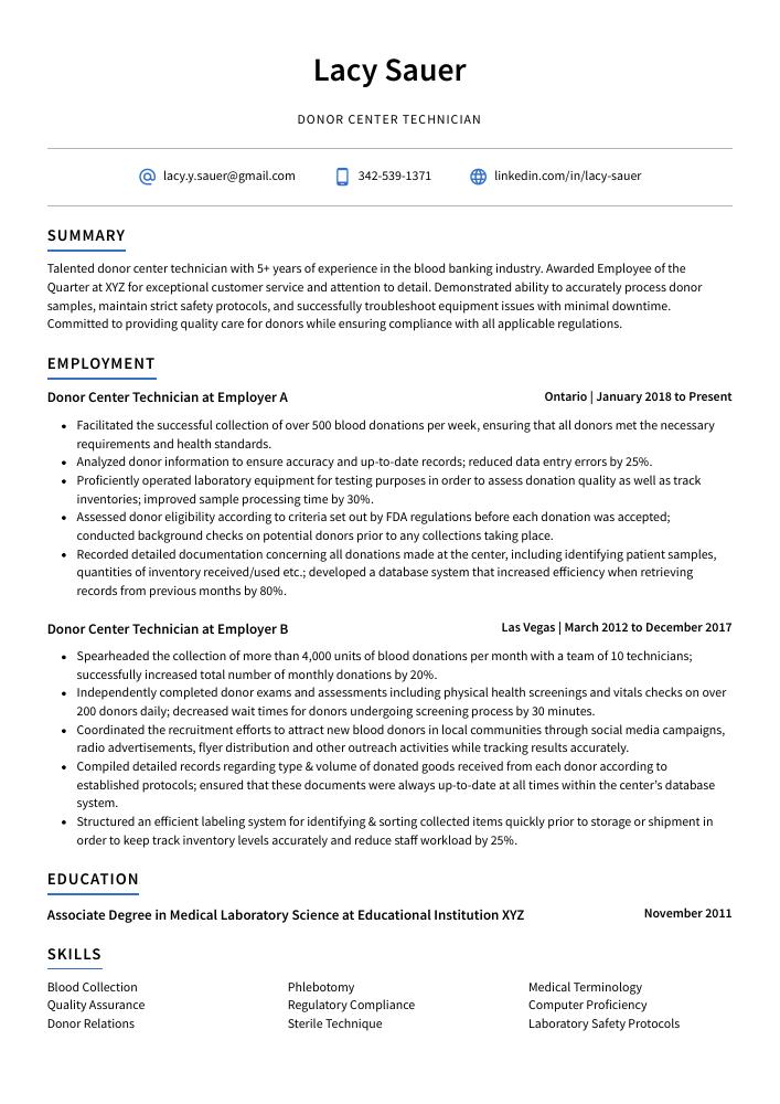 Donor Center Technician Resume