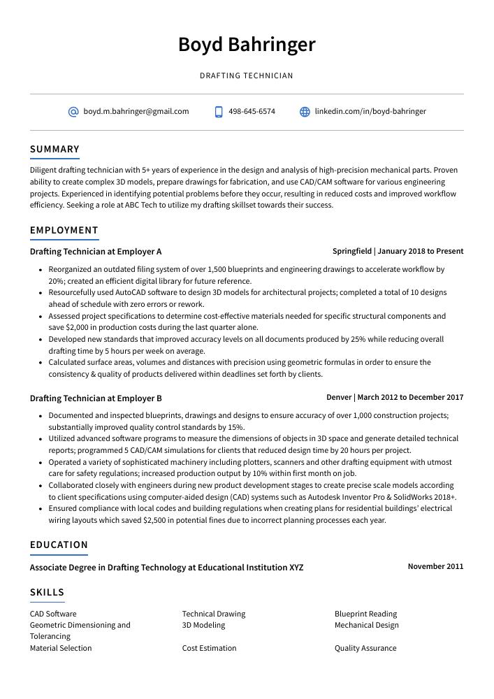 Drafting Technician Resume