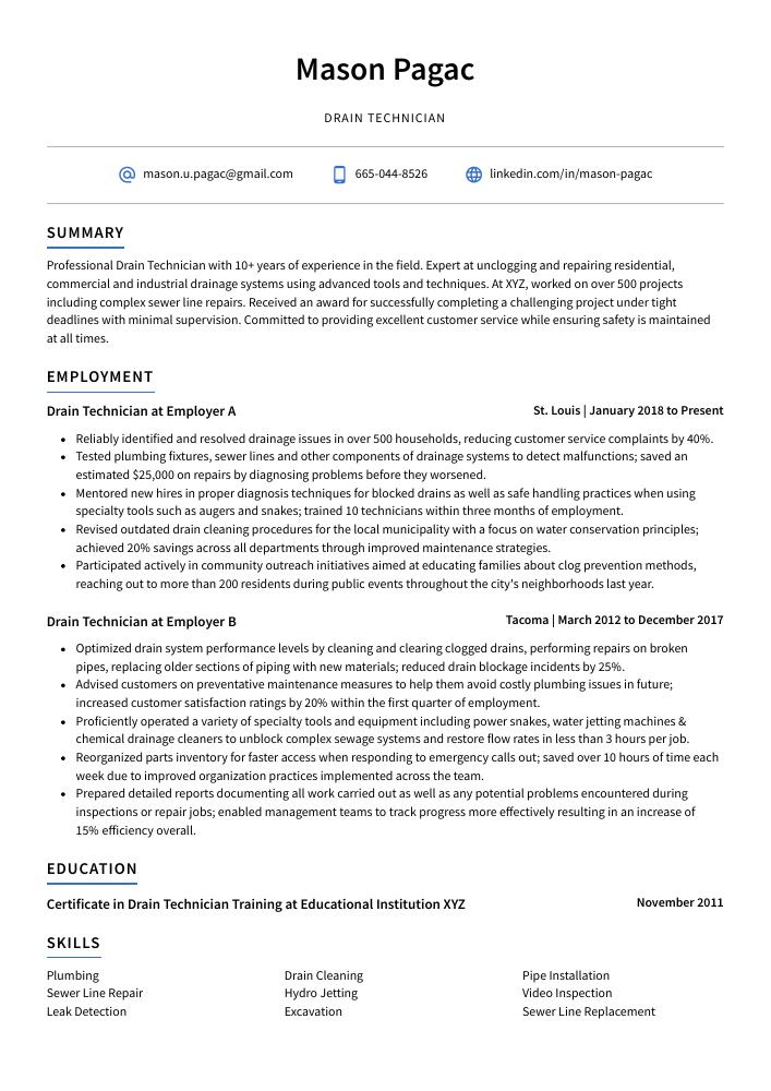 Drain Technician Resume