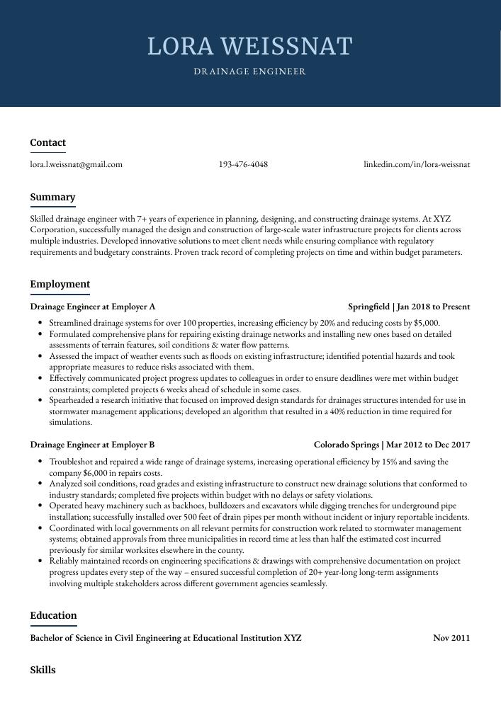 Drainage Engineer Resume