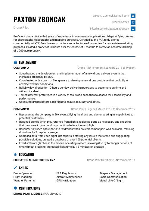 Drone Pilot Resume (CV) Example and Writing Guide