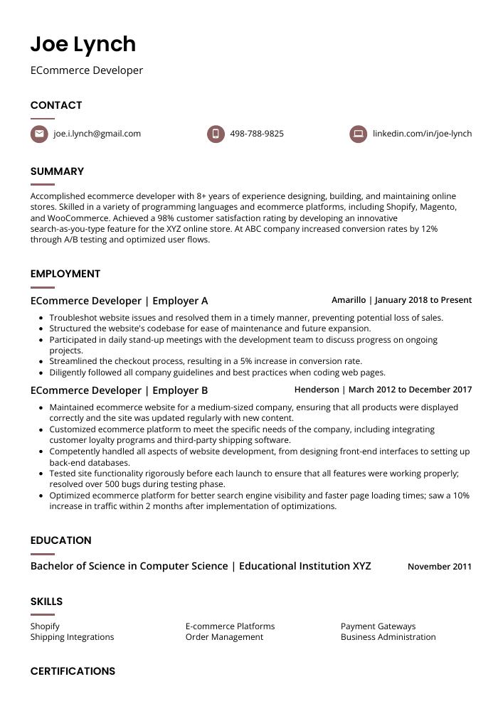 ECommerce Developer Resume