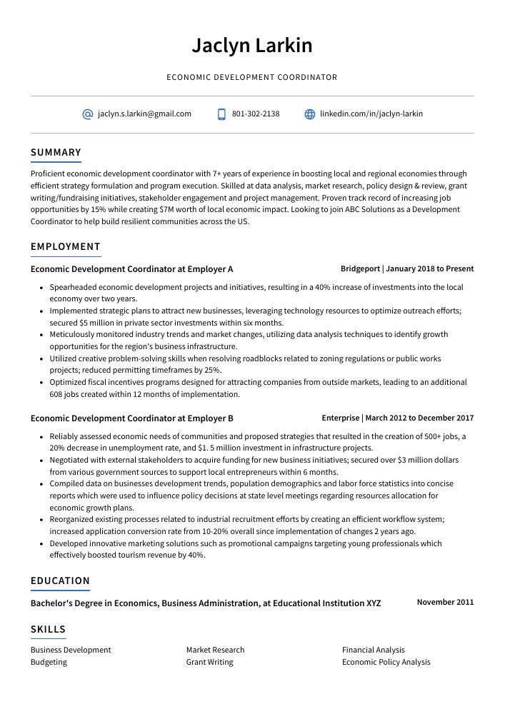 Economic Development Coordinator Resume