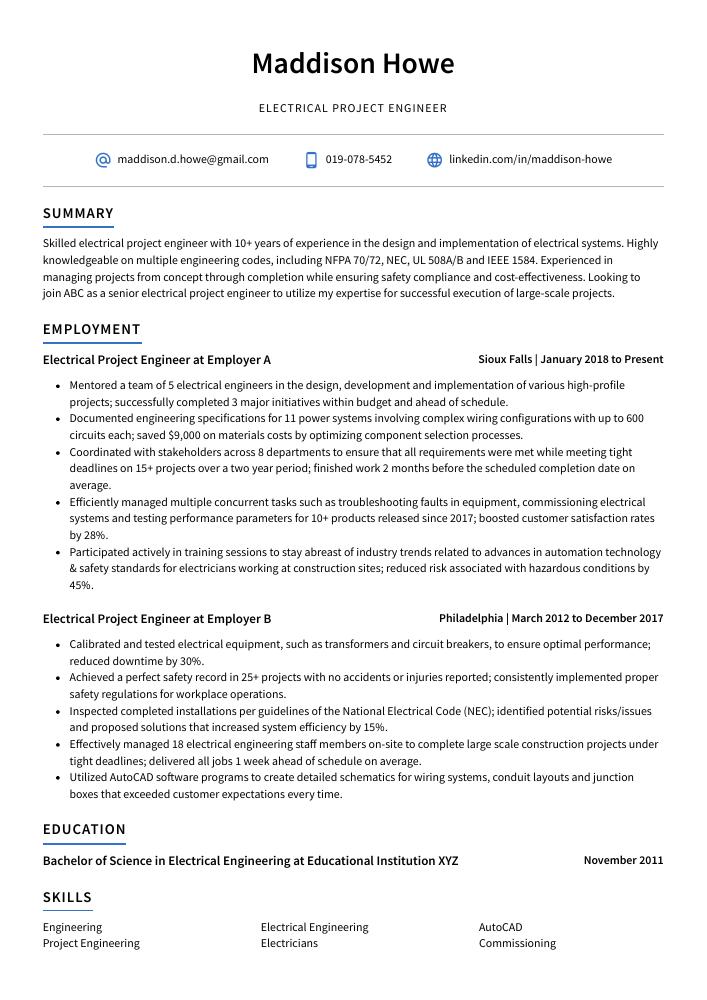 Electrical Project Engineer Resume