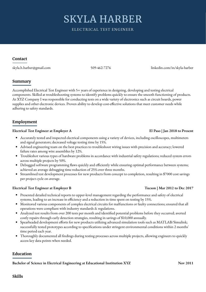 Electrical Test Engineer Resume