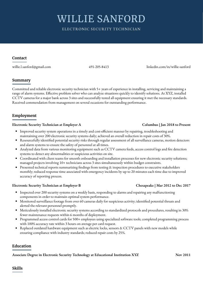 Electronic Security Technician Resume