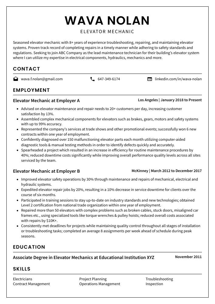 Elevator Mechanic Resume