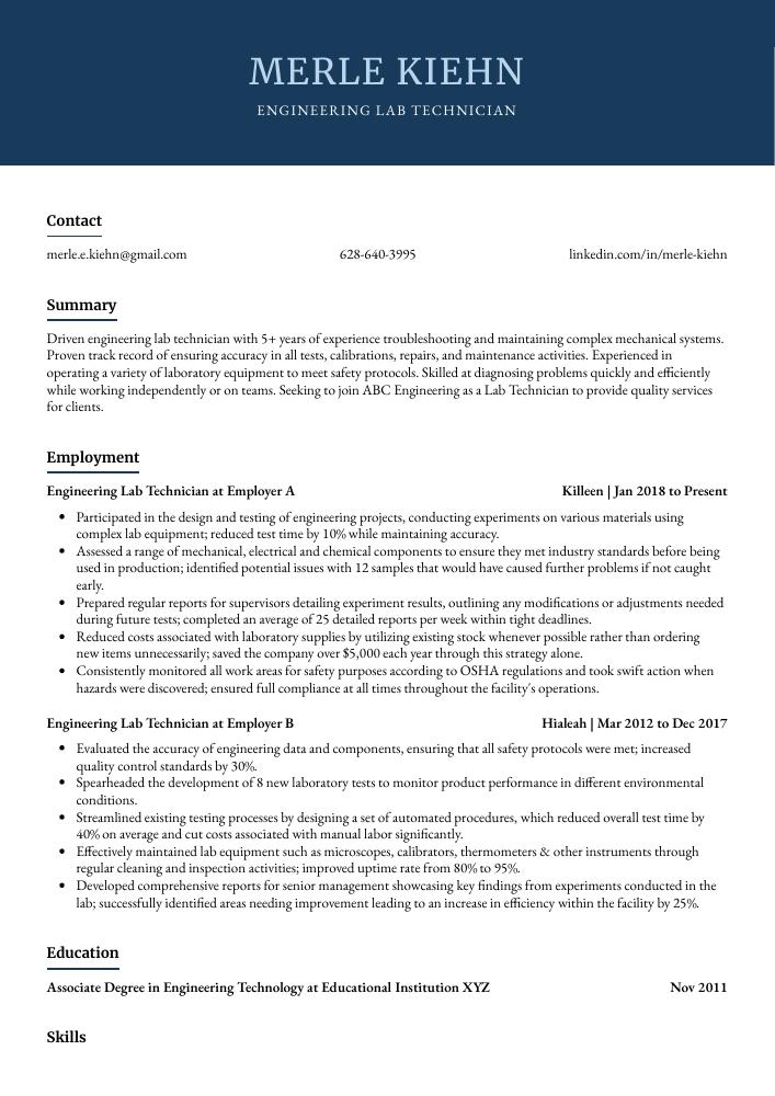 Engineering Lab Technician Resume