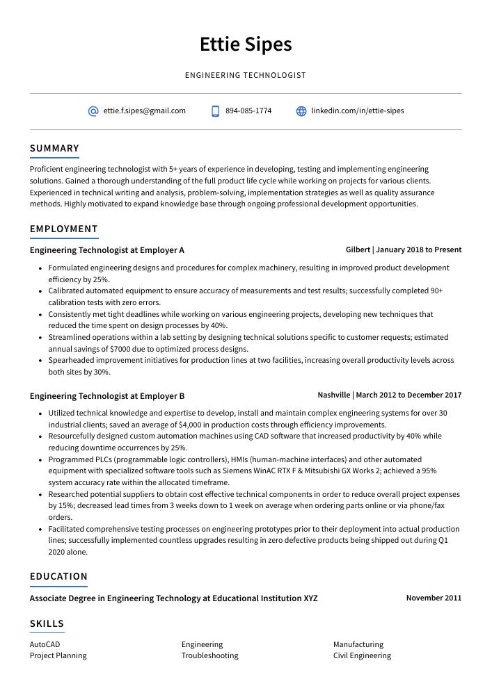 Engineering Technologist Resume