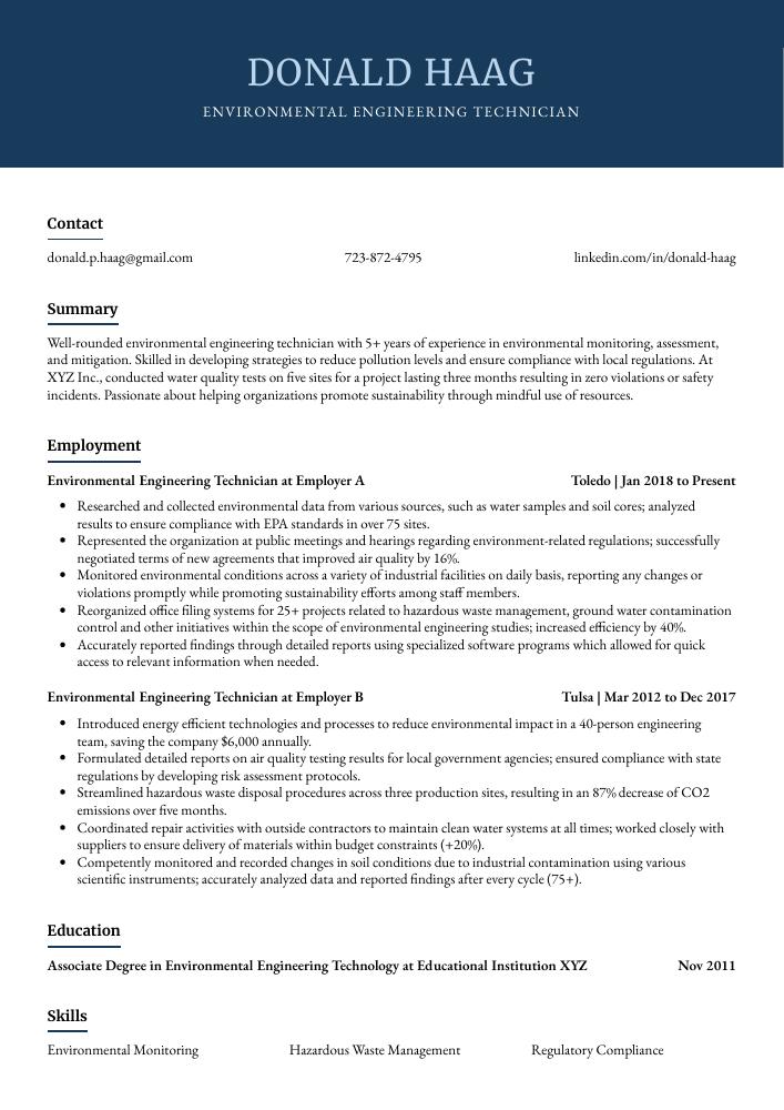 Environmental Engineering Technician Resume