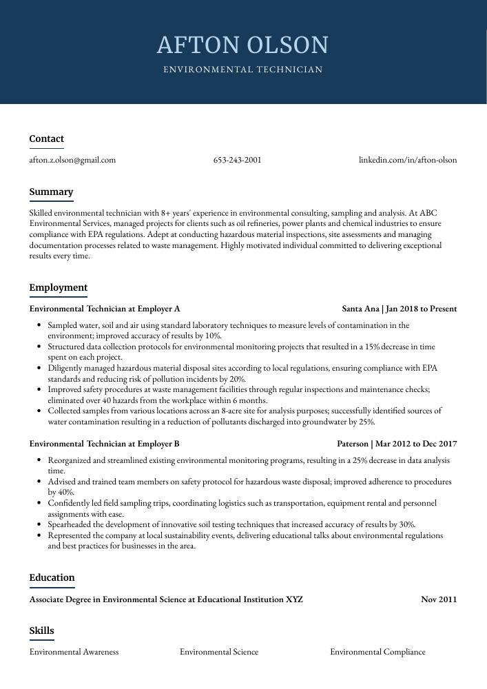 Environmental Technician Resume