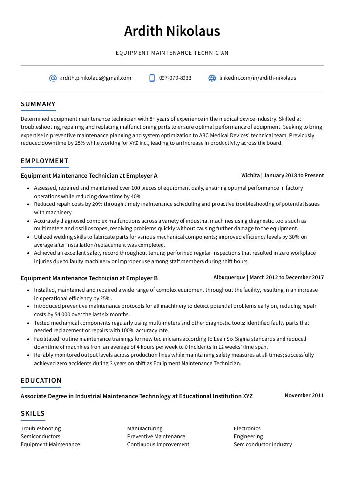 Equipment Maintenance Technician Resume