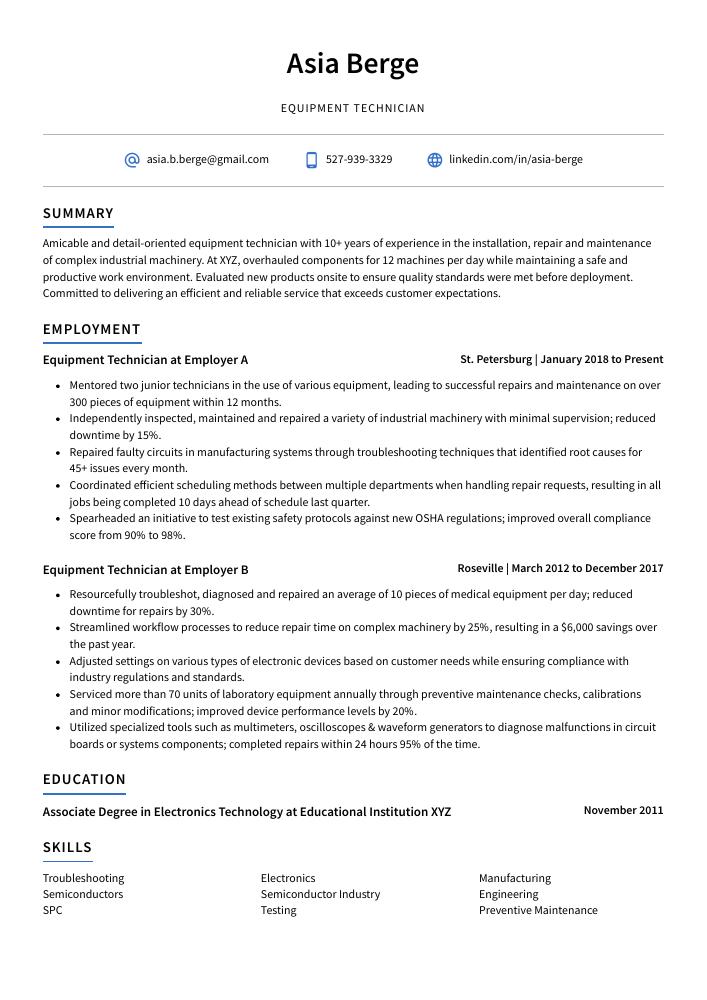 Equipment Technician Resume