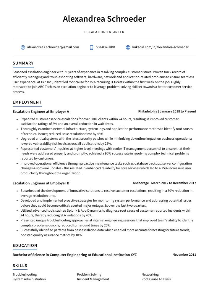 Escalation Engineer Resume