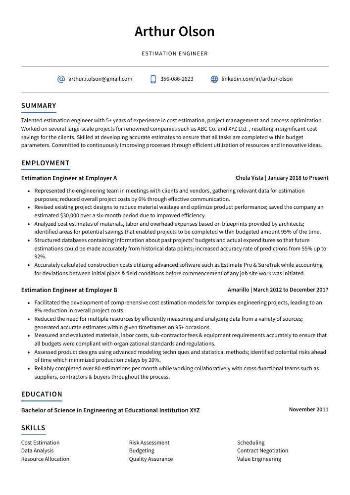 Estimation Engineer Resume