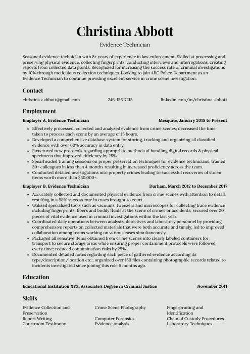 cover letter for evidence technician