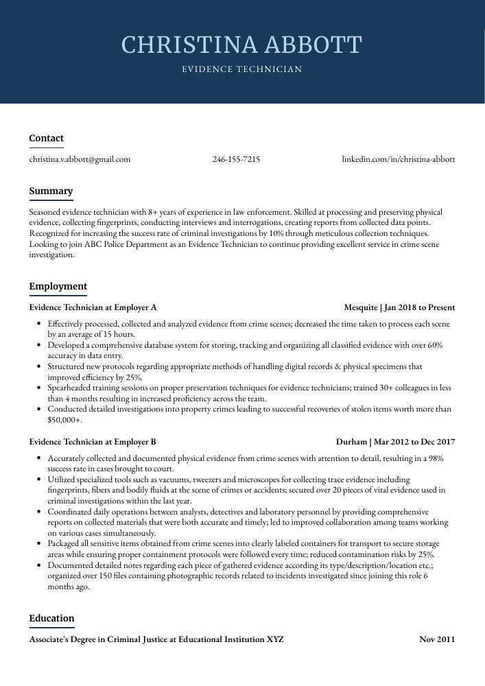 Evidence Technician Resume