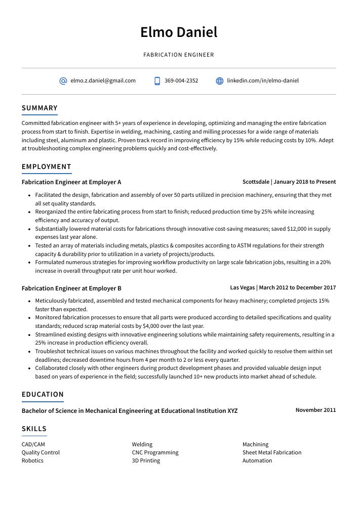 Fabrication Engineer Resume