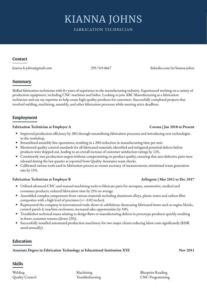 Fabrication Technician Resume