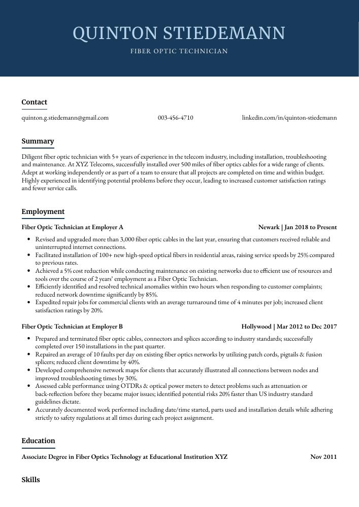 Fiber Optic Technician Resume (CV) Example and Writing Guide