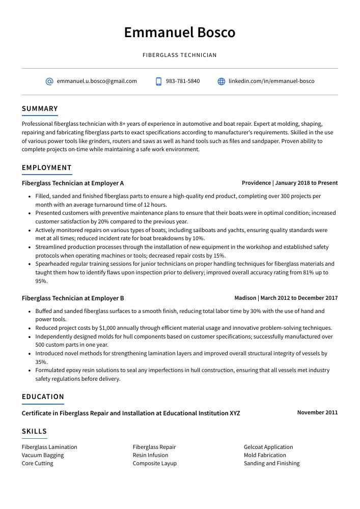 Fiberglass Technician Resume