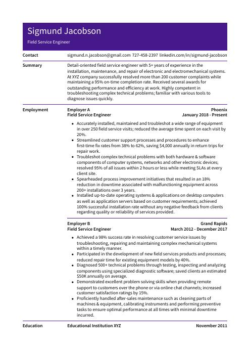 field service engineer resume template