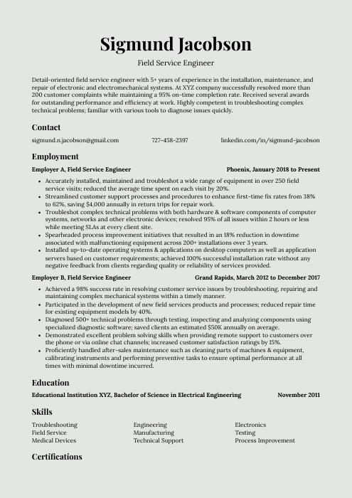 service engineer resume template