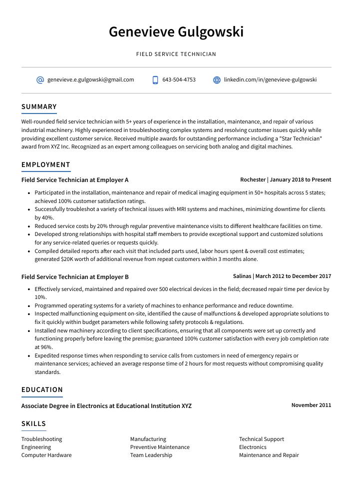 Field Service Technician Resume