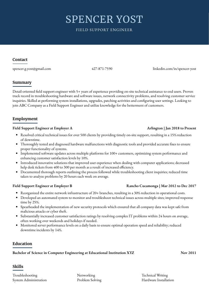 Field Support Engineer Resume