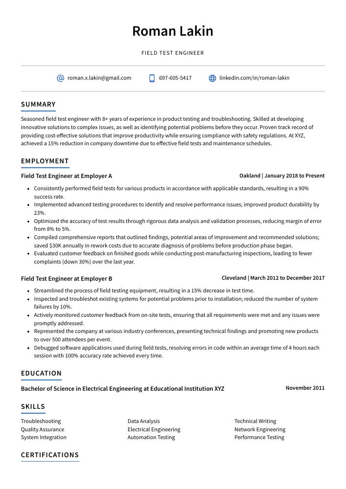 Field Test Engineer Resume