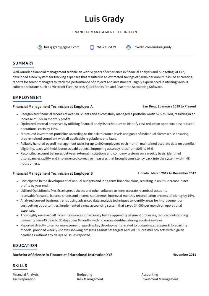 Financial Management Technician Resume