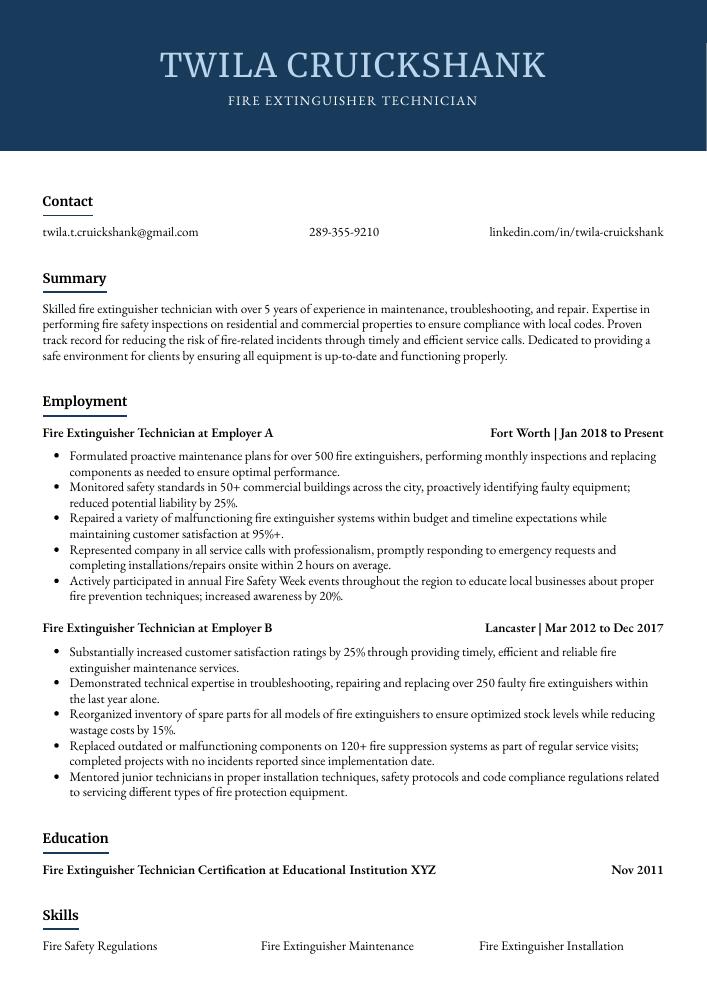 Fire Extinguisher Technician Resume