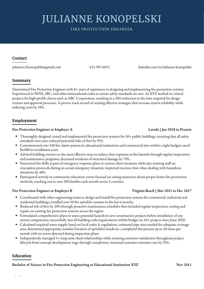 Fire Protection Engineer Resume