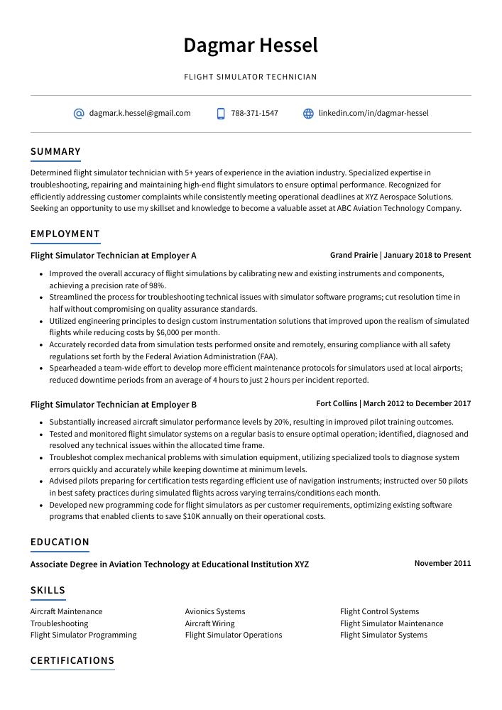 Flight Simulator Technician Resume