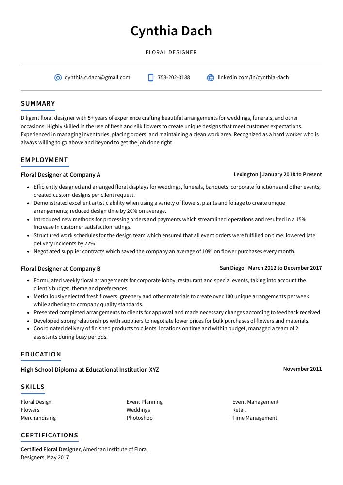 Floral Designer Resume