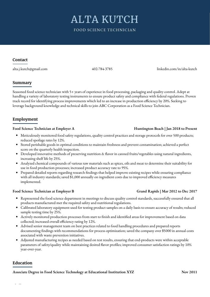 Food Science Technician Resume