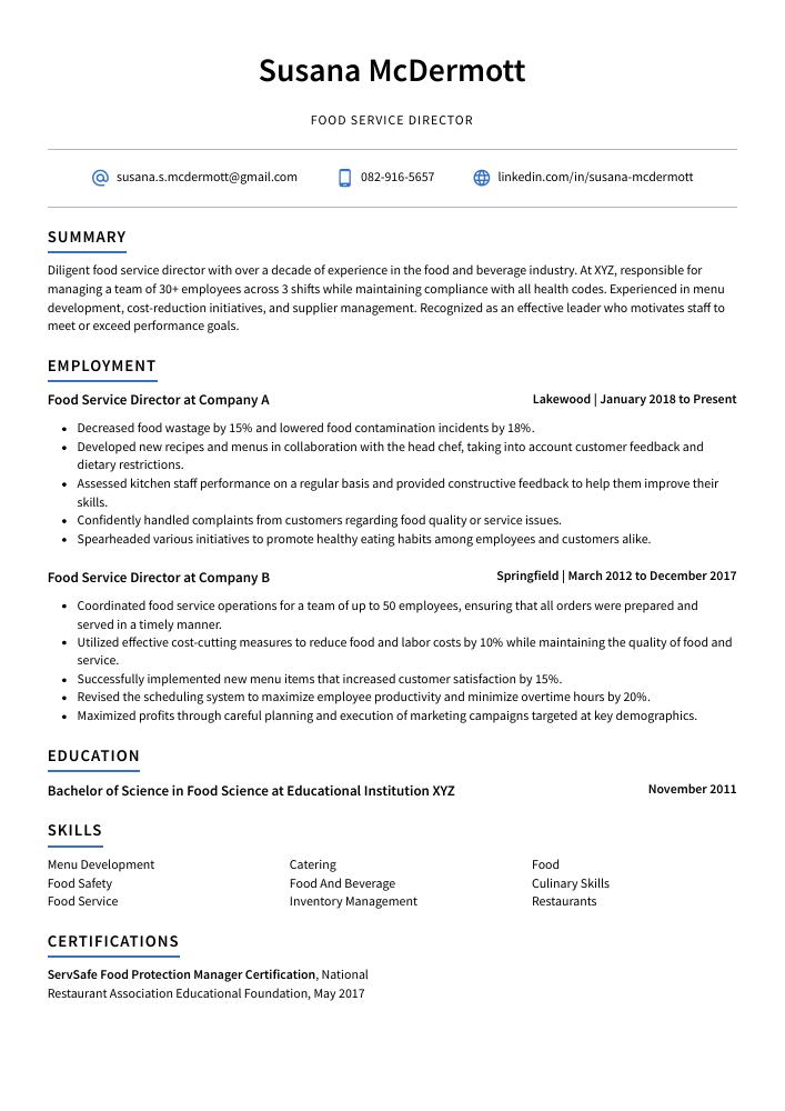 Food Service Director Resume (CV) Example and Writing Guide