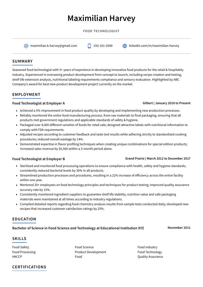 Food Technologist Resume