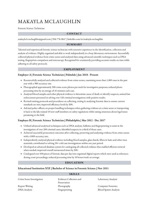 Forensic Science Technician Resume Cv Example And Writing Guide